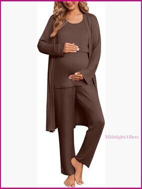 3 Piece Nursing Pajama Set Maternity Robe Postpartum Sleepwear Breastfeeding Pjs